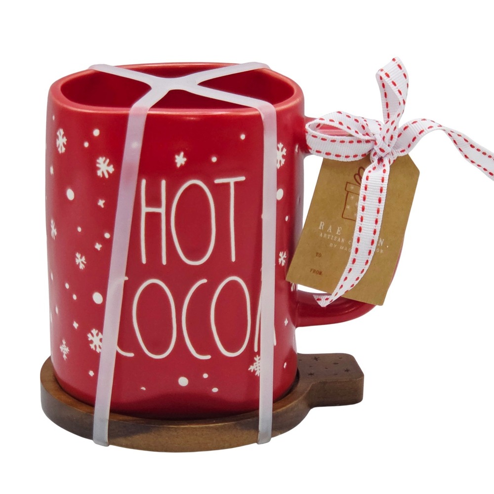 Rae Dunn Red Hot Cocoa Coffee Mug Double Sided And Wood Coaster Snowflakes  16oz